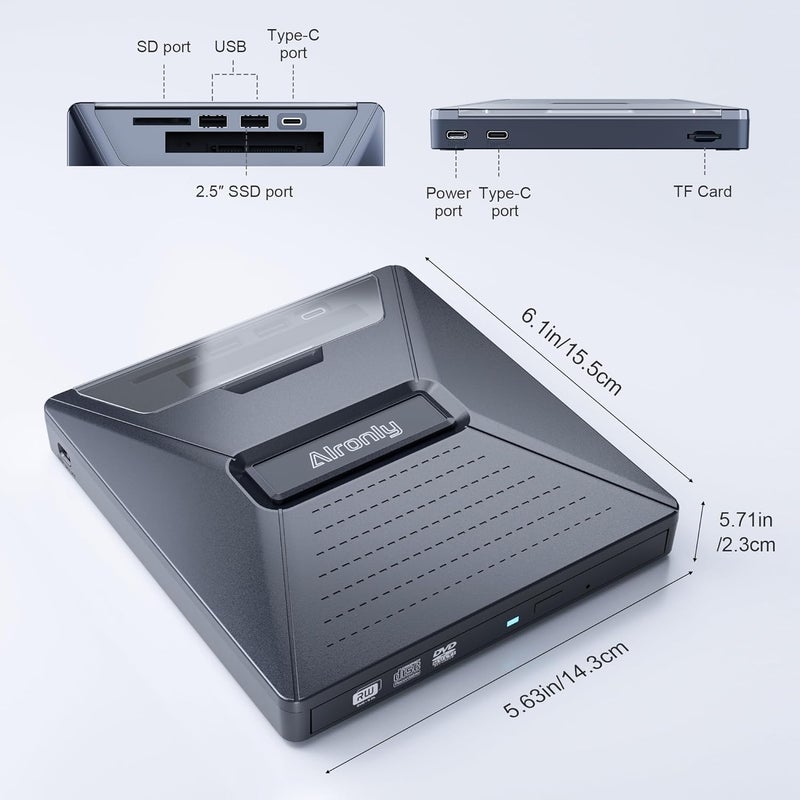 Alronly External CD/DVD Drive for Laptop/PC, USB 3.0 Type-C USB Portable Player for Computer CD DVD +/-RW Disk Drive CD Burner Writer Reader Compatible with Desktop Windows Apple Linux (F05) - Image 2